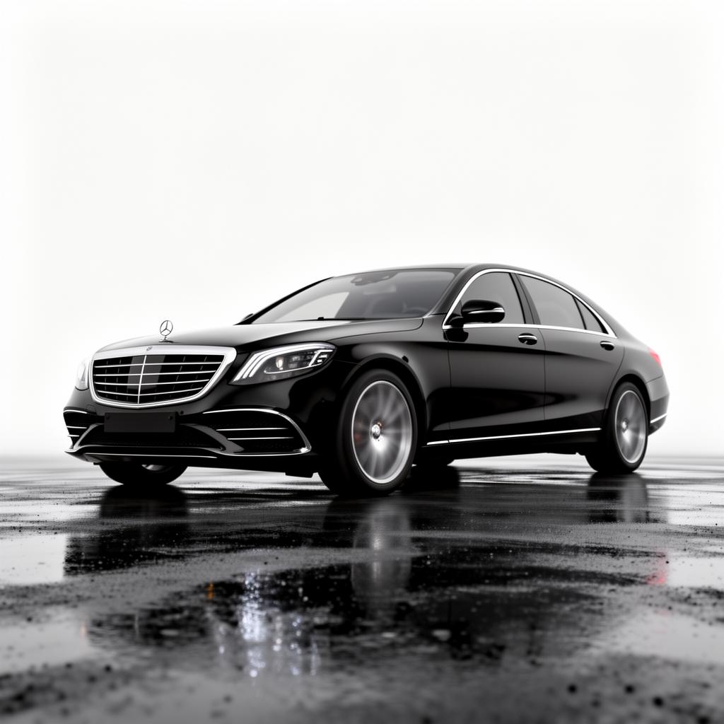 Black Mercedes-Benz S-Class on wet tarmac